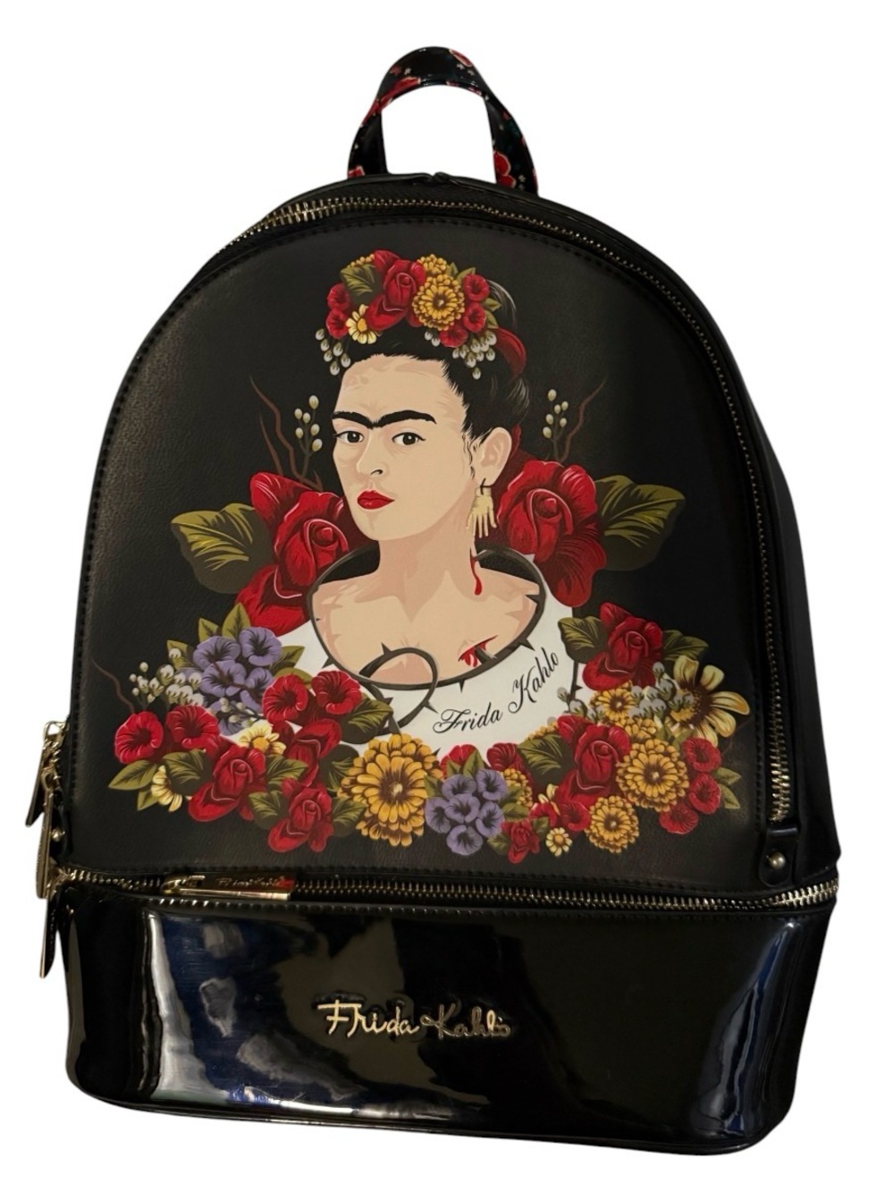 Black Floral Portrait Mini Backpack with Gold Accent